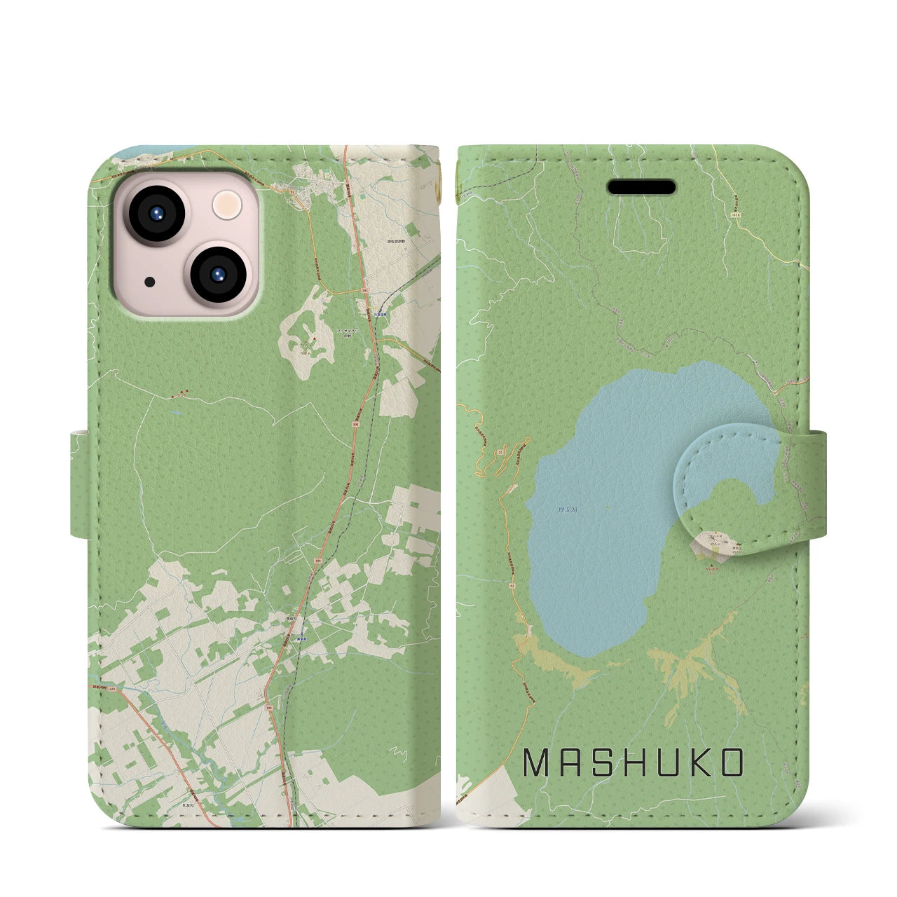 【摩周湖】地図柄iPhoneケース（手帳両面タイプ・ナチュラル）iPhone 13 mini 用