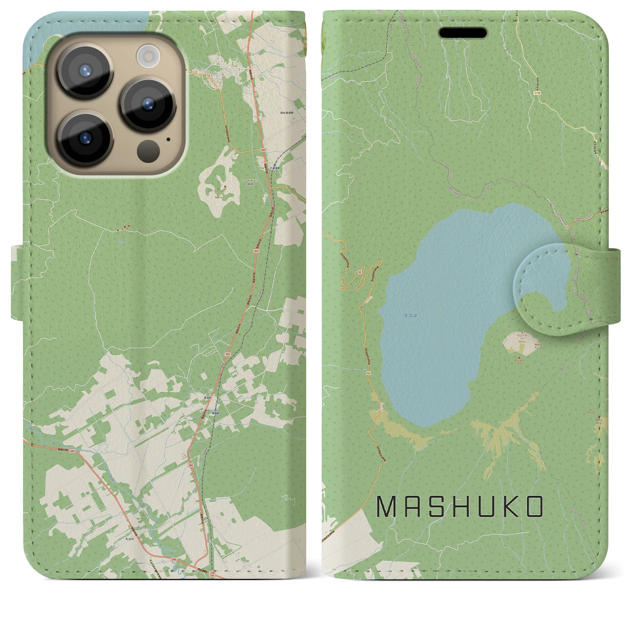 【摩周湖】地図柄iPhoneケース（手帳両面タイプ・ナチュラル）iPhone 14 Pro Max 用