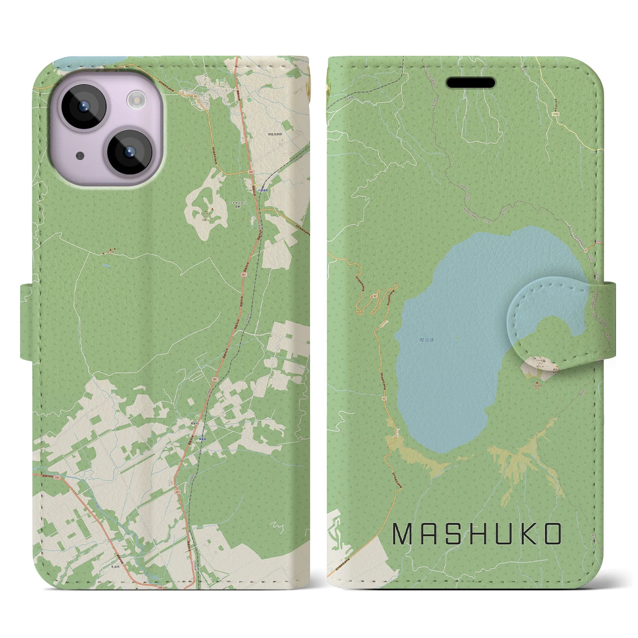 【摩周湖】地図柄iPhoneケース（手帳両面タイプ・ナチュラル）iPhone 14 用