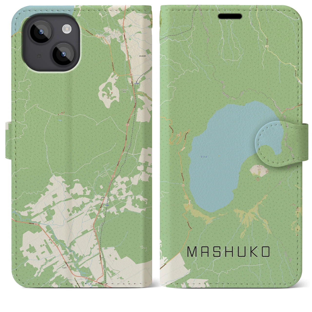 【摩周湖】地図柄iPhoneケース（手帳両面タイプ・ナチュラル）iPhone 14 Plus 用