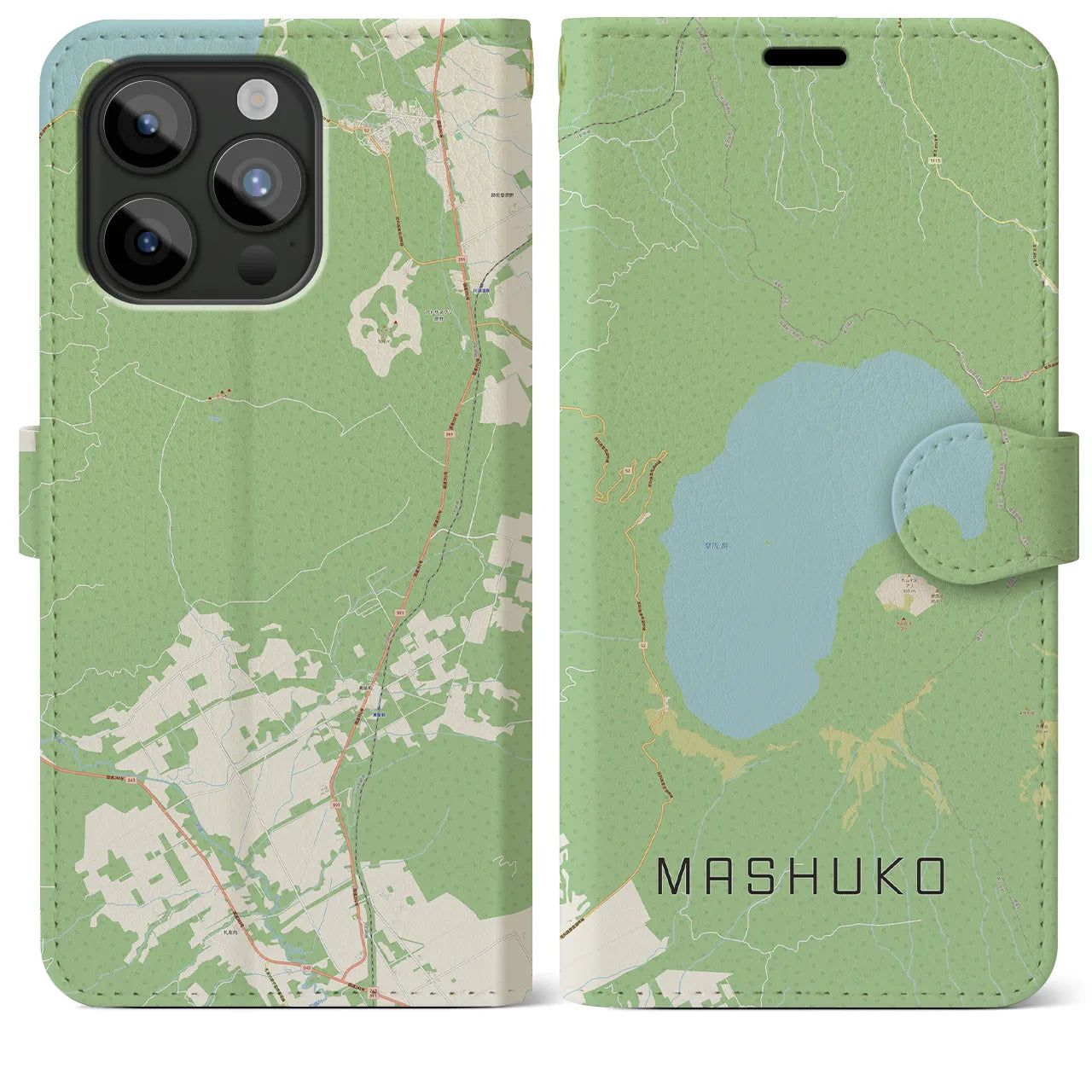 【摩周湖】地図柄iPhoneケース（手帳両面タイプ・ナチュラル）iPhone 15 Pro Max 用