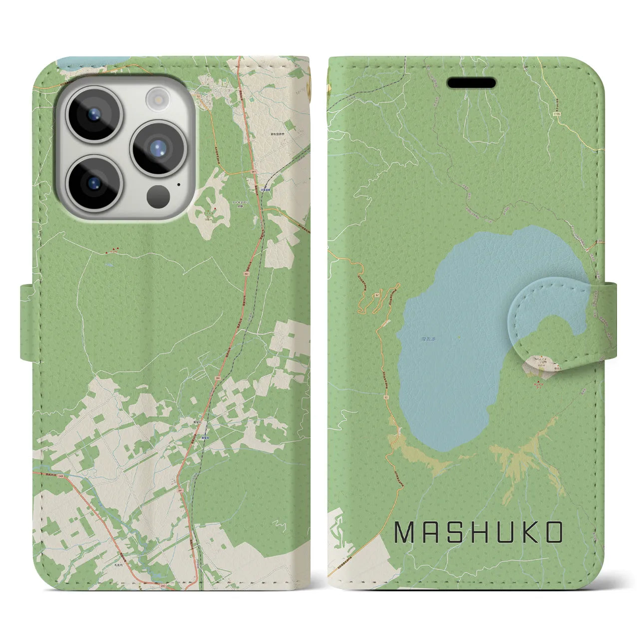 【摩周湖】地図柄iPhoneケース（手帳両面タイプ・ナチュラル）iPhone 15 Pro 用