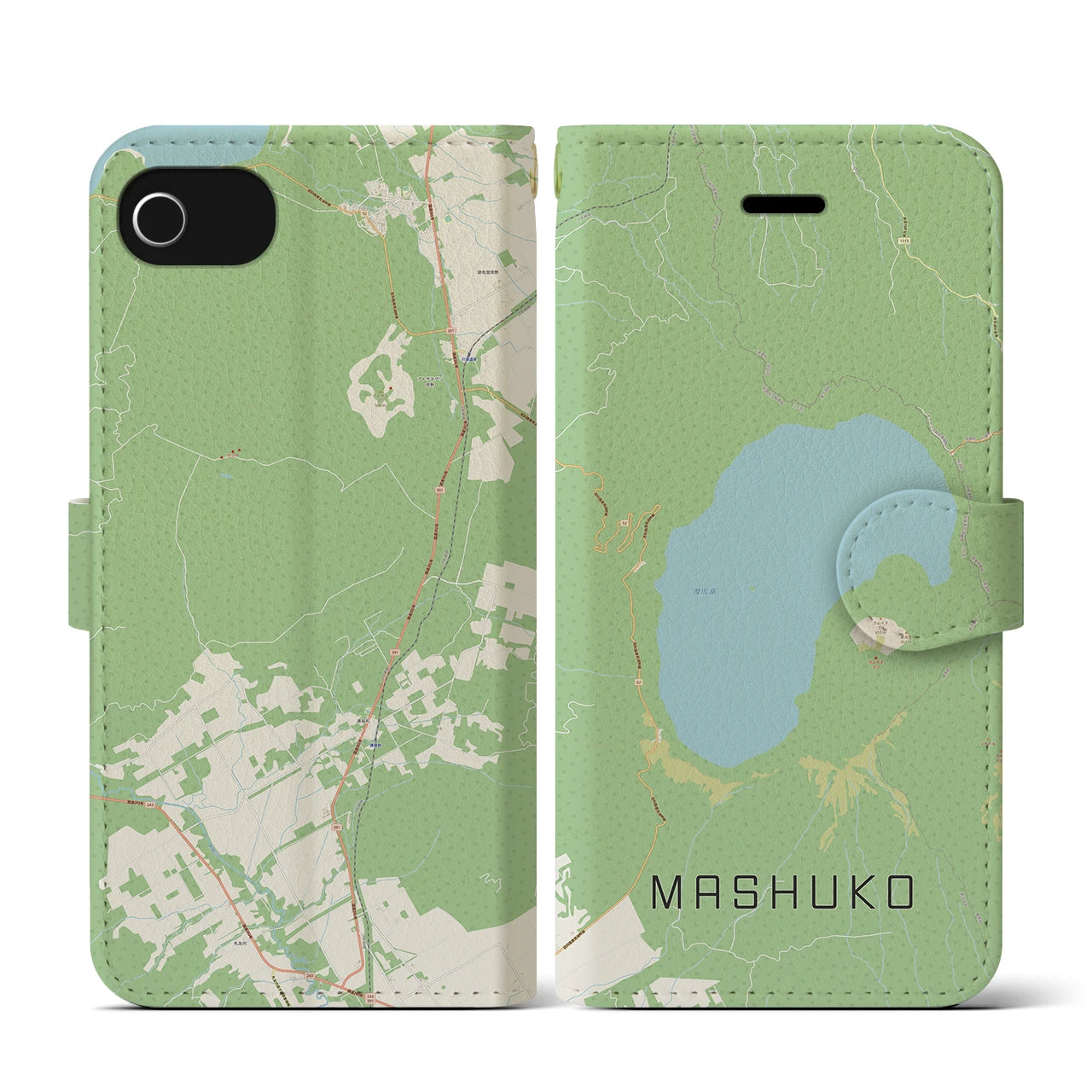 【摩周湖】地図柄iPhoneケース（手帳両面タイプ・ナチュラル）iPhone SE（第3 / 第2世代） / 8 / 7 / 6s / 6 用