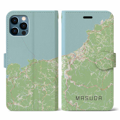 【益田（島根県）】地図柄iPhoneケース（手帳タイプ）ナチュラル・iPhone 12 / 12 Pro 用