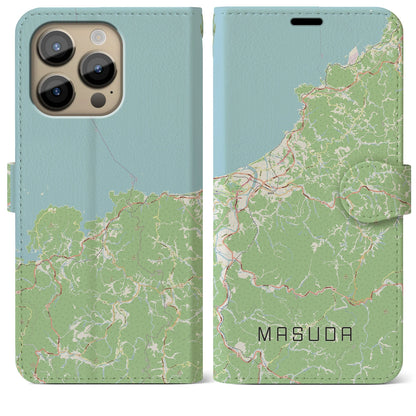 【益田（島根県）】地図柄iPhoneケース（手帳タイプ）ナチュラル・iPhone 14 Pro Max 用