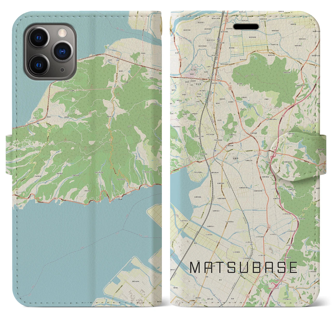 【松橋】地図柄iPhoneケース（手帳両面タイプ・ナチュラル）iPhone 11 Pro Max 用
