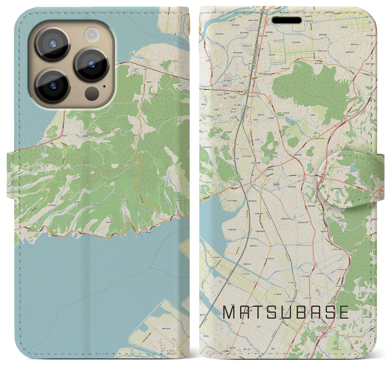 【松橋】地図柄iPhoneケース（手帳両面タイプ・ナチュラル）iPhone 14 Pro Max 用