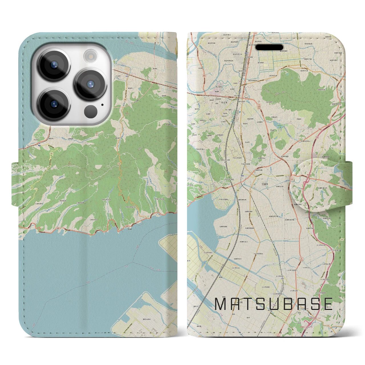 【松橋】地図柄iPhoneケース（手帳両面タイプ・ナチュラル）iPhone 14 Pro 用