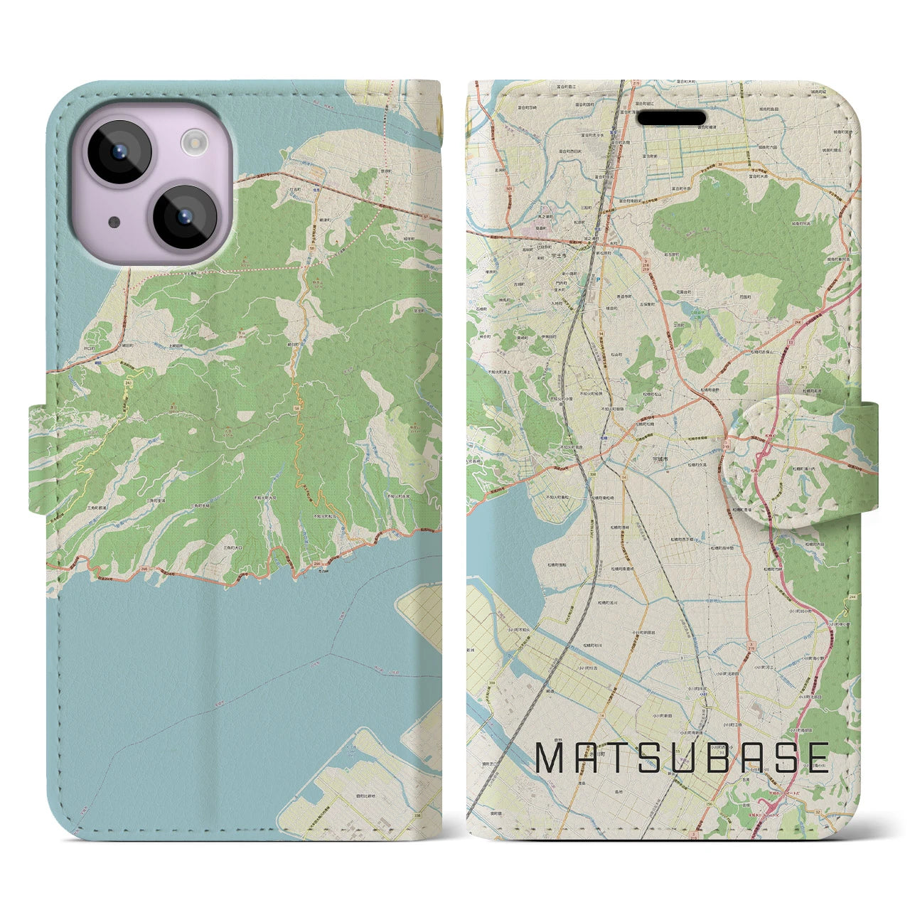 【松橋】地図柄iPhoneケース（手帳両面タイプ・ナチュラル）iPhone 14 用