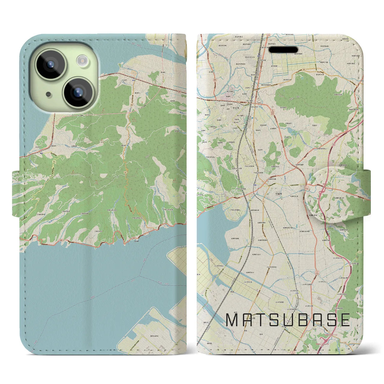【松橋】地図柄iPhoneケース（手帳両面タイプ・ナチュラル）iPhone 15 用