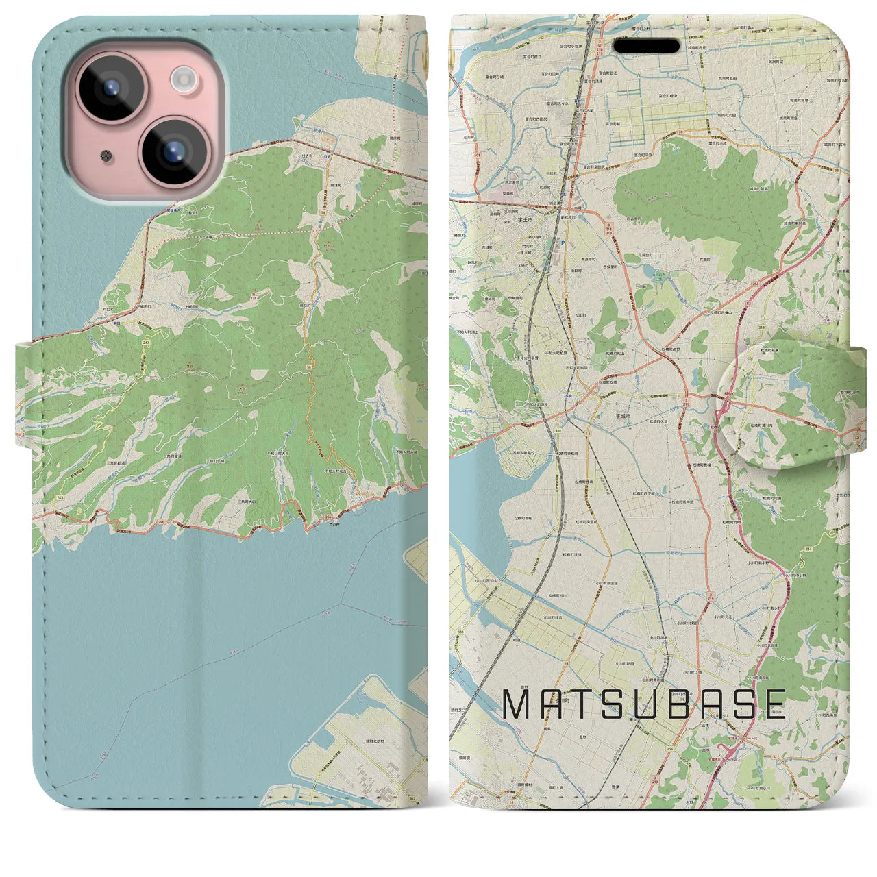 【松橋】地図柄iPhoneケース（手帳両面タイプ・ナチュラル）iPhone 15 Plus 用