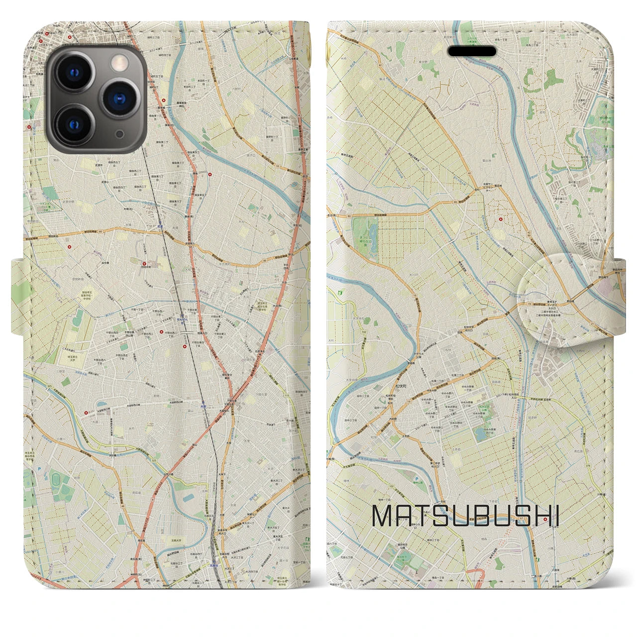 【松伏】地図柄iPhoneケース（手帳両面タイプ・ナチュラル）iPhone 11 Pro Max 用