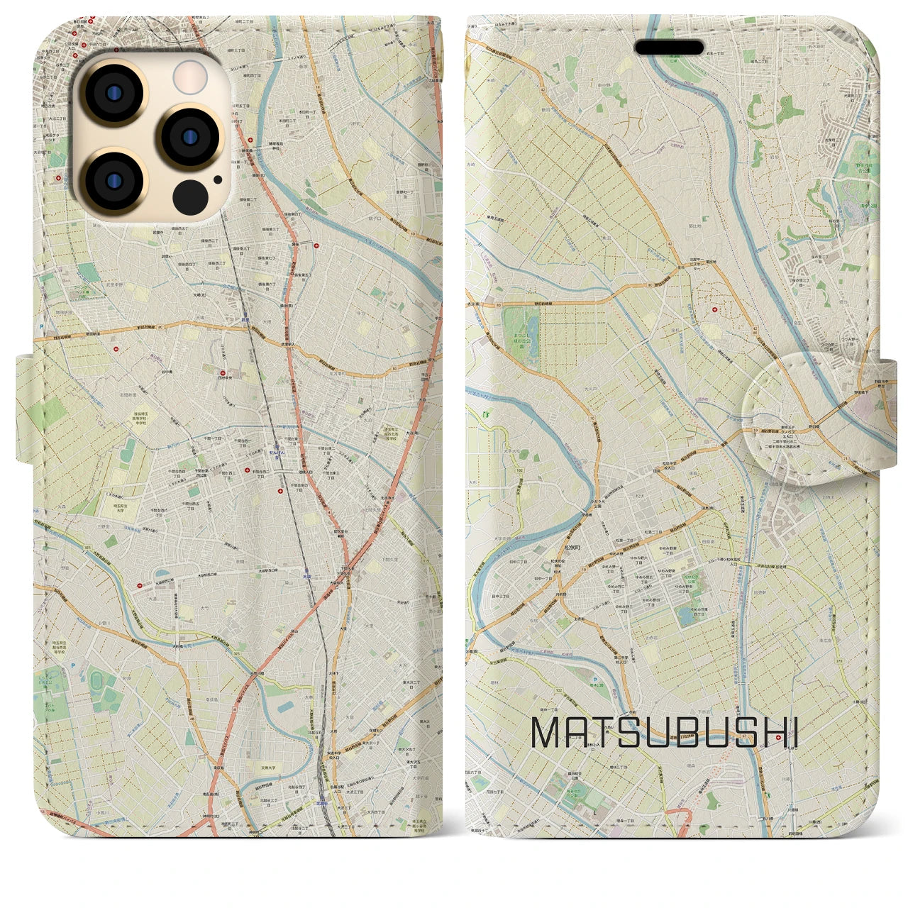 【松伏】地図柄iPhoneケース（手帳両面タイプ・ナチュラル）iPhone 12 Pro Max 用