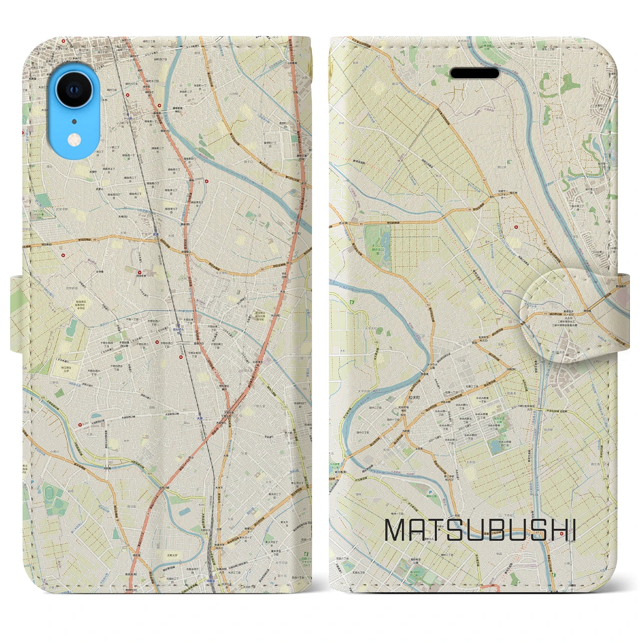 【松伏】地図柄iPhoneケース（手帳両面タイプ・ナチュラル）iPhone XR 用