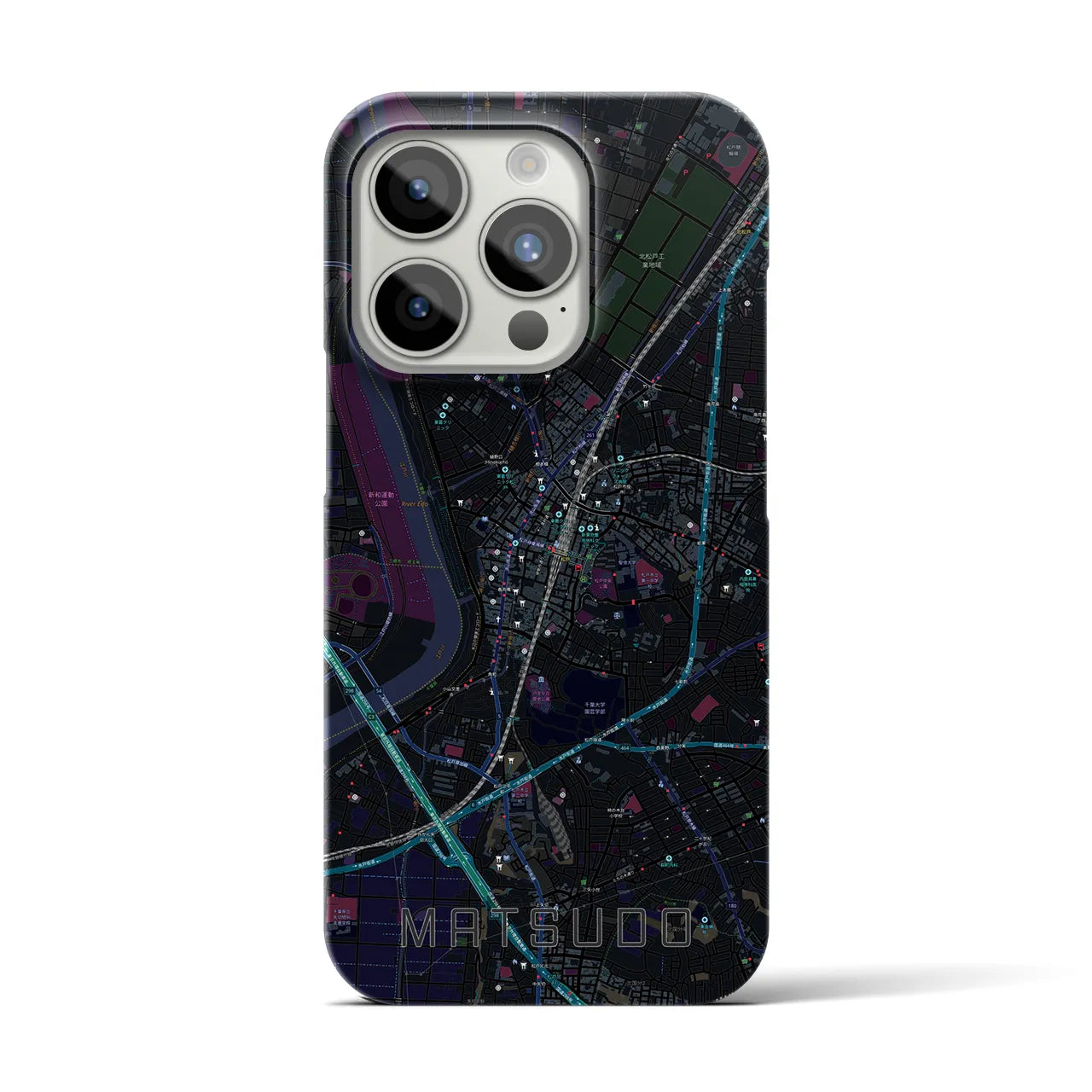 【松戸】地図柄iPhoneケース（バックカバータイプ・ブラック）iPhone 15 Pro 用