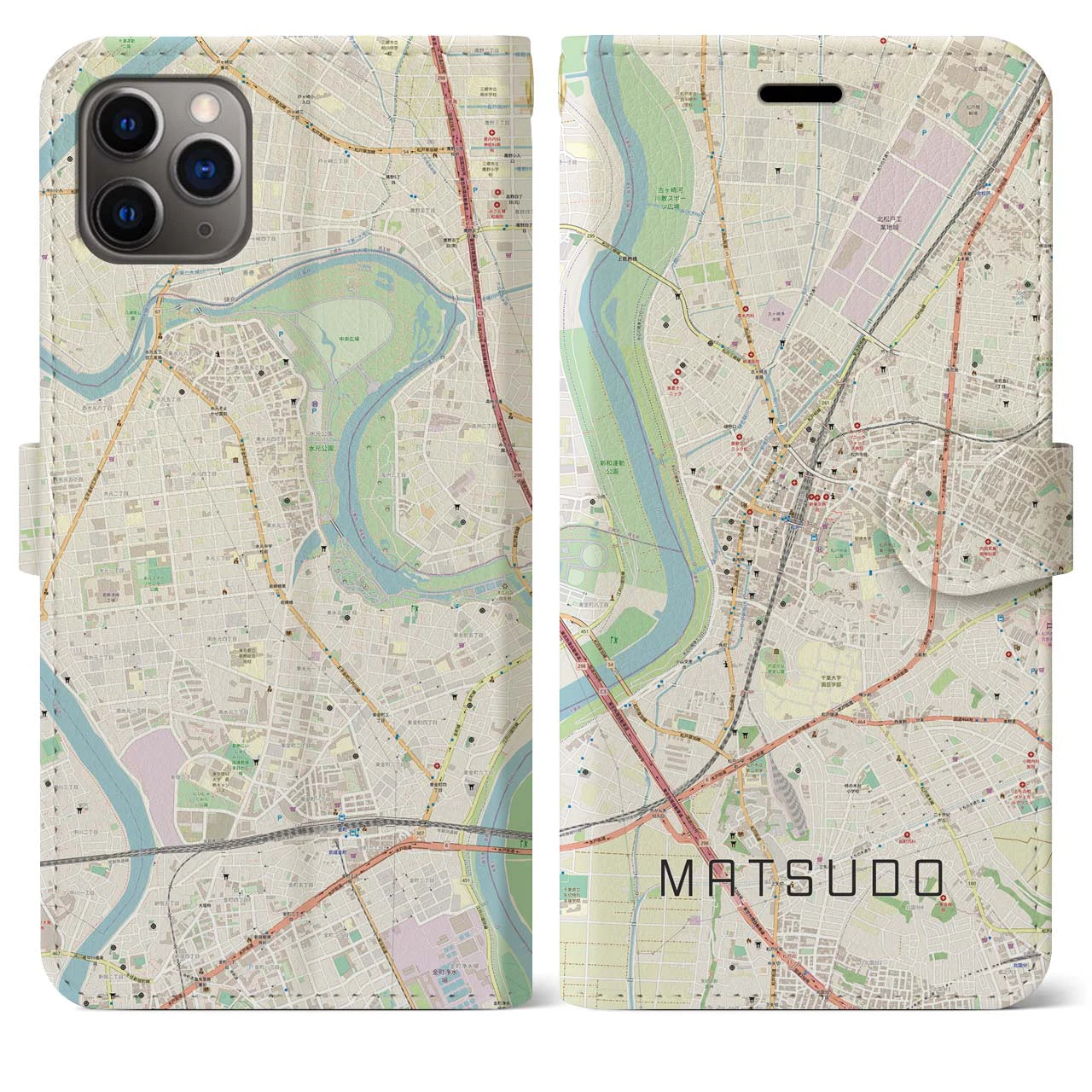 【松戸】地図柄iPhoneケース（手帳両面タイプ・ナチュラル）iPhone 11 Pro Max 用