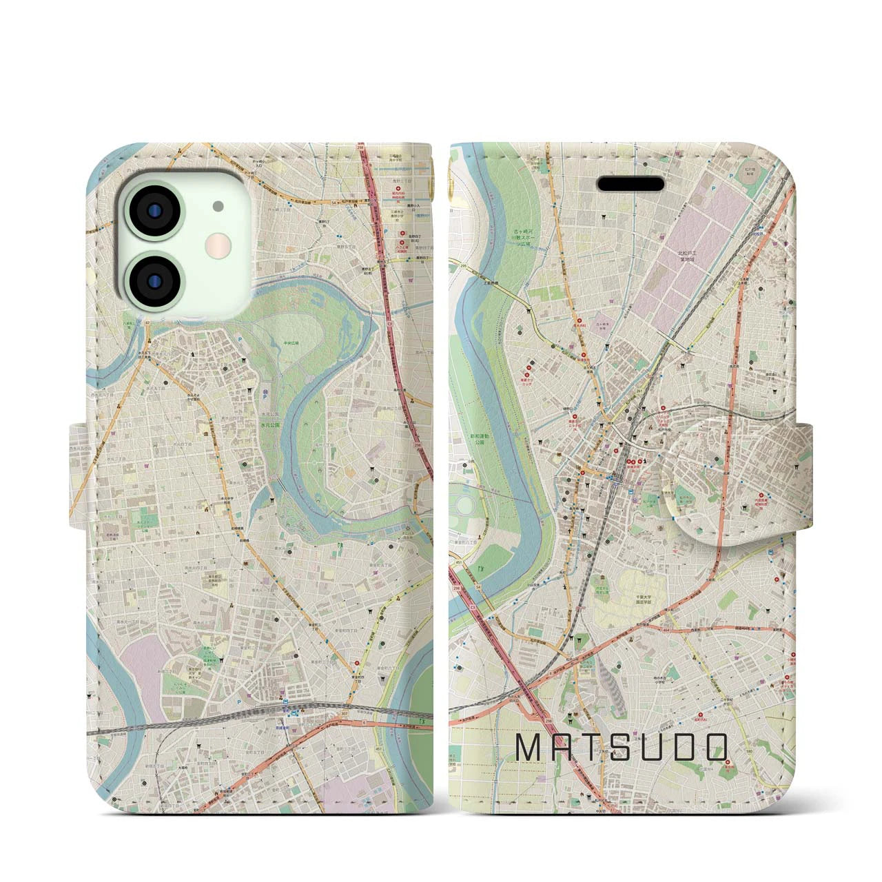 【松戸】地図柄iPhoneケース（手帳両面タイプ・ナチュラル）iPhone 12 mini 用