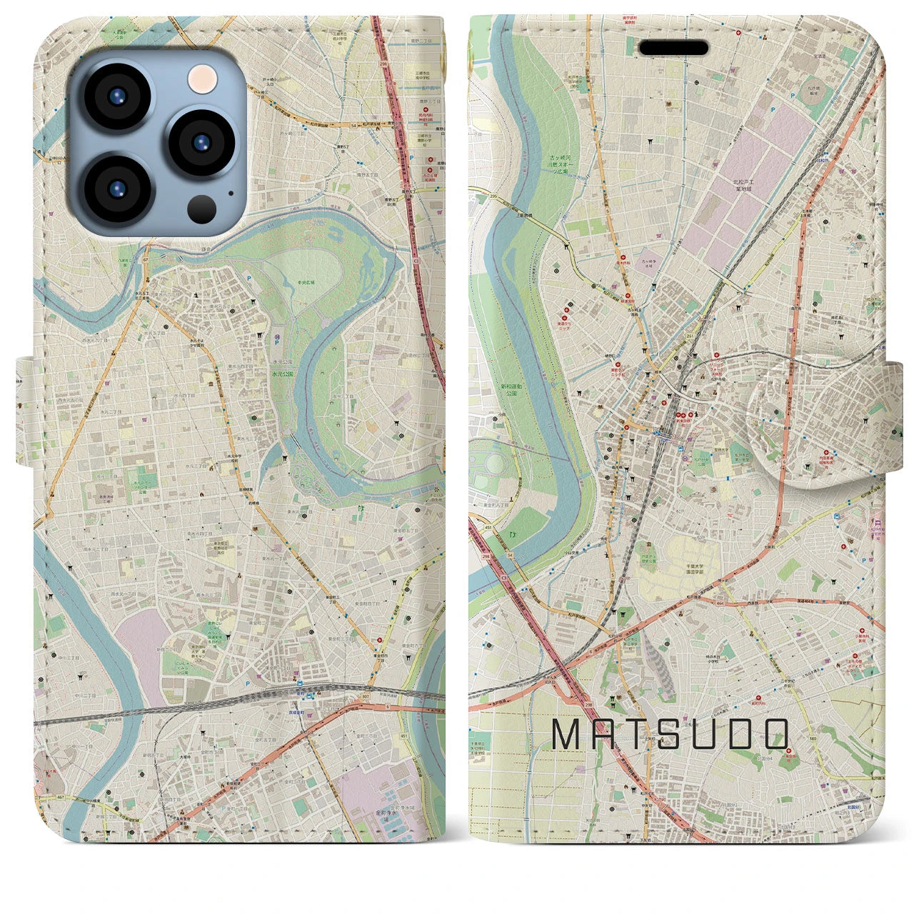 【松戸】地図柄iPhoneケース（手帳両面タイプ・ナチュラル）iPhone 13 Pro Max 用