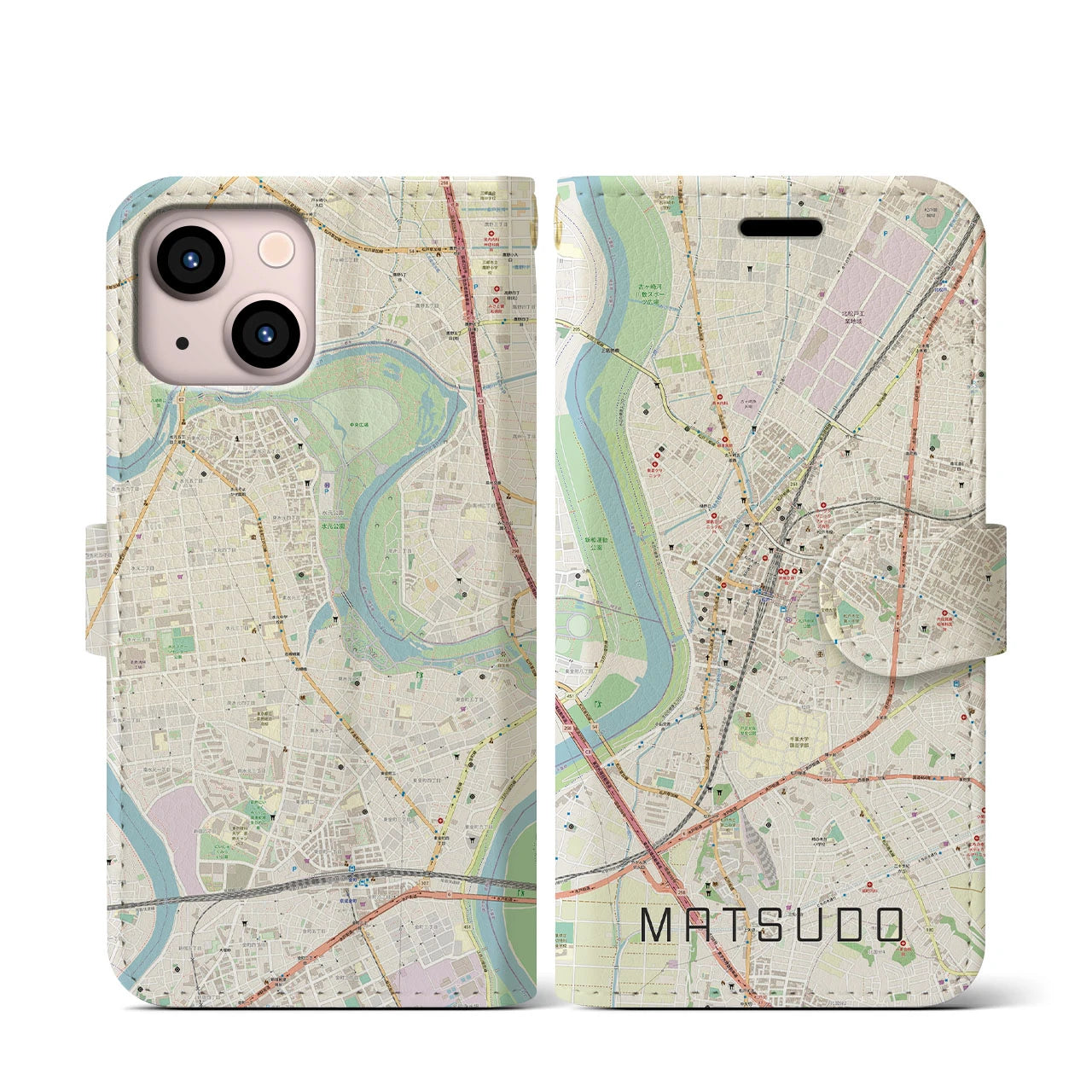 【松戸】地図柄iPhoneケース（手帳両面タイプ・ナチュラル）iPhone 13 mini 用