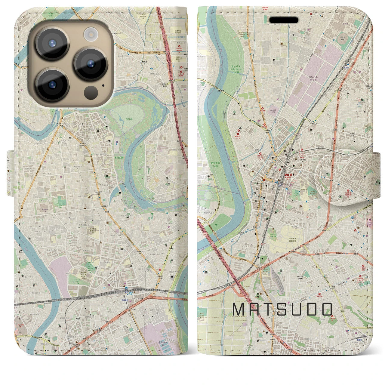 【松戸】地図柄iPhoneケース（手帳両面タイプ・ナチュラル）iPhone 14 Pro Max 用