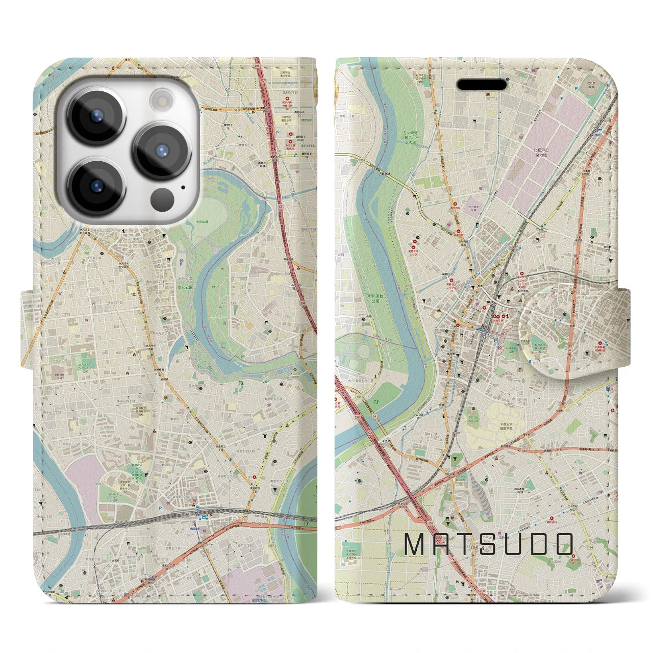 【松戸】地図柄iPhoneケース（手帳両面タイプ・ナチュラル）iPhone 14 Pro 用