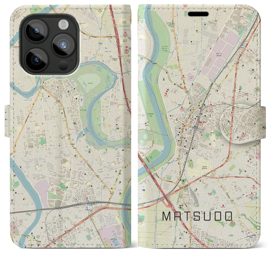 【松戸】地図柄iPhoneケース（手帳両面タイプ・ナチュラル）iPhone 15 Pro Max 用