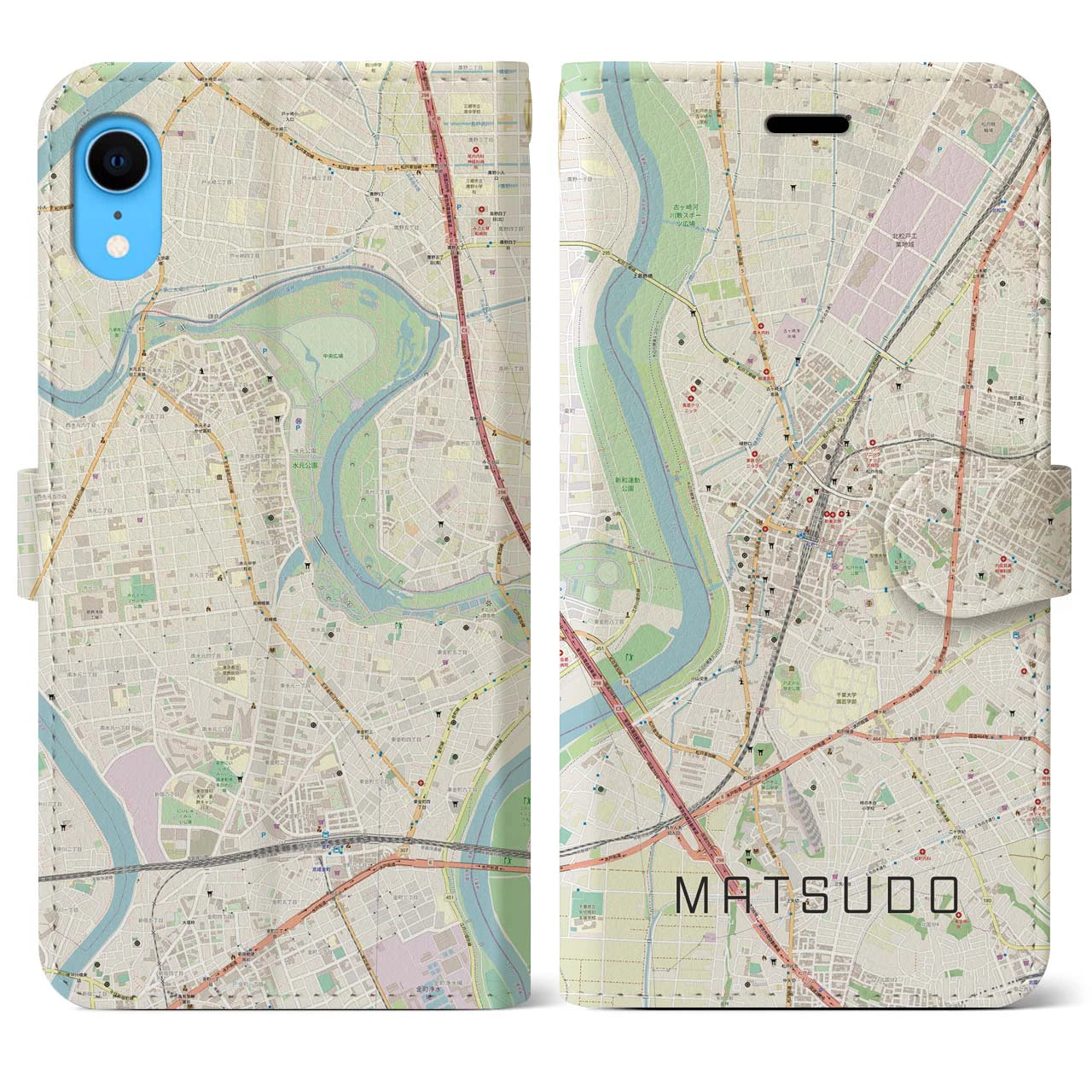 【松戸】地図柄iPhoneケース（手帳両面タイプ・ナチュラル）iPhone XR 用
