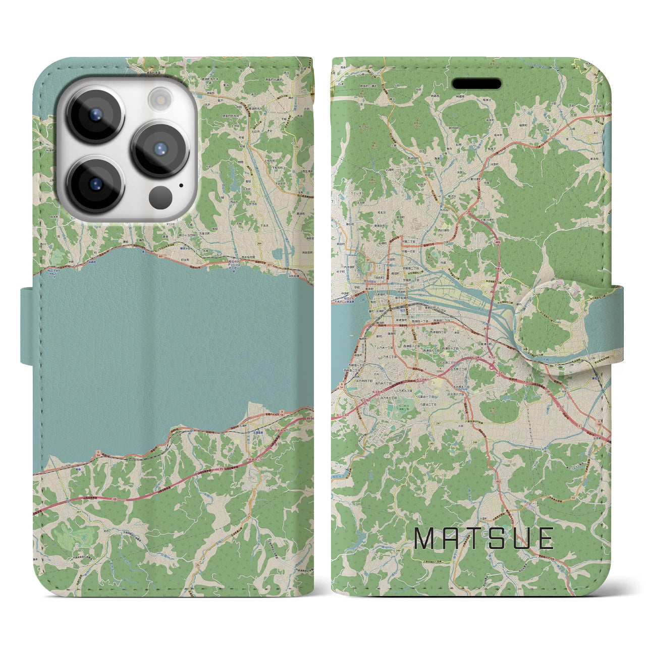 【松江】地図柄iPhoneケース（手帳両面タイプ・ナチュラル）iPhone 14 Pro 用
