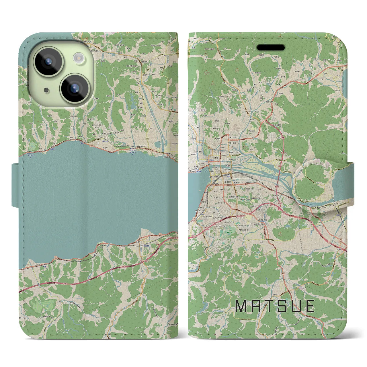 【松江】地図柄iPhoneケース（手帳両面タイプ・ナチュラル）iPhone 15 用