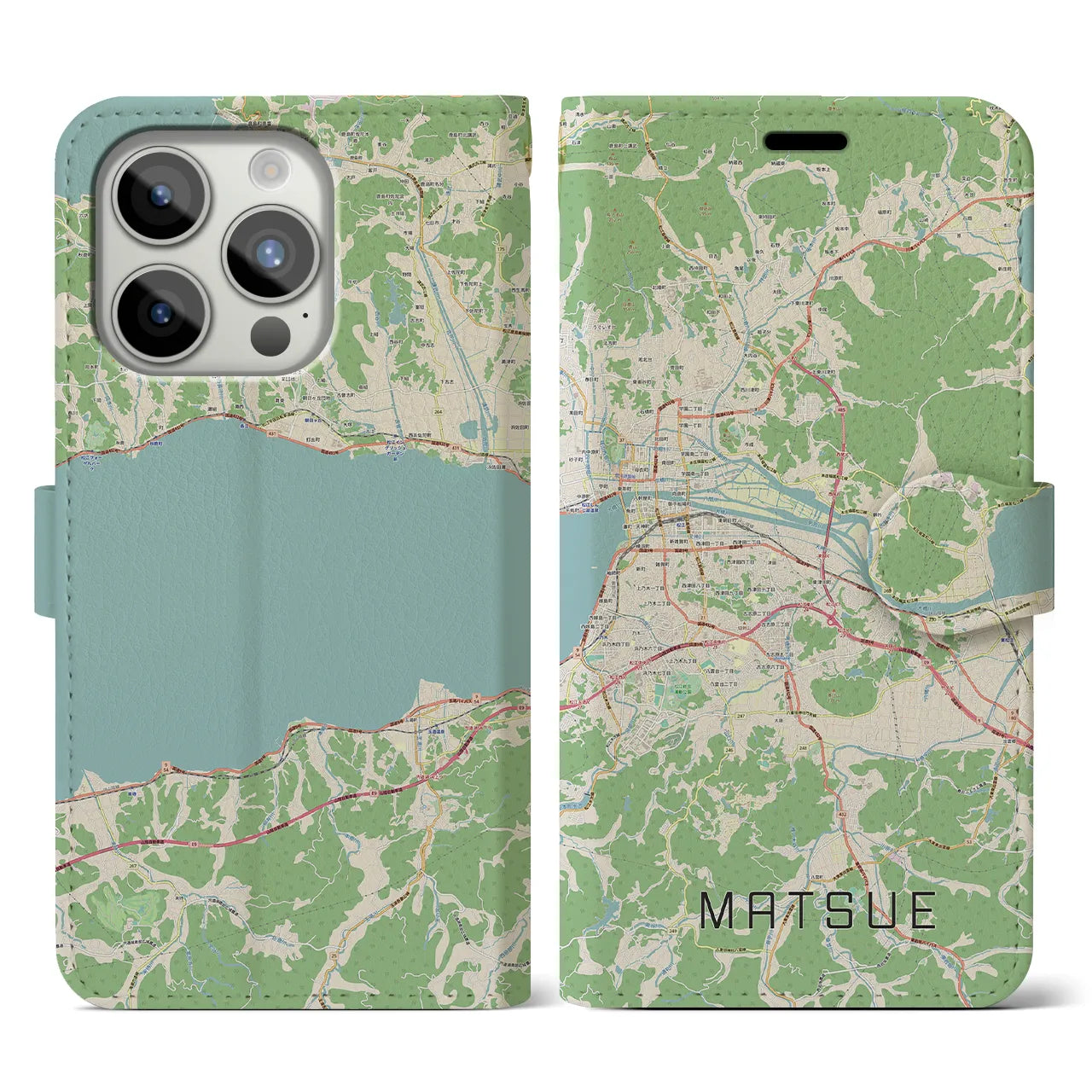 【松江】地図柄iPhoneケース（手帳両面タイプ・ナチュラル）iPhone 15 Pro 用
