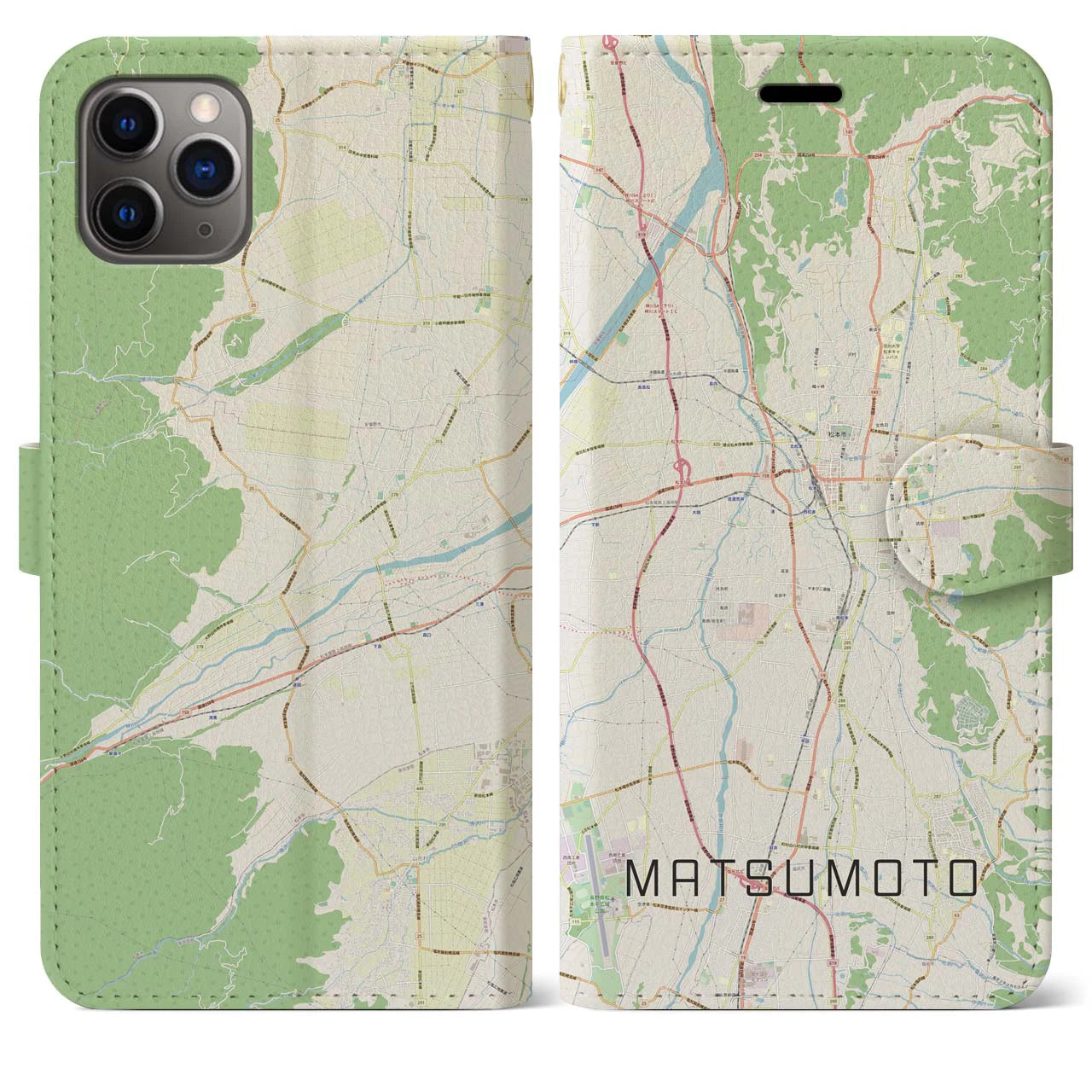 【松本】地図柄iPhoneケース（手帳両面タイプ・ナチュラル）iPhone 11 Pro Max 用