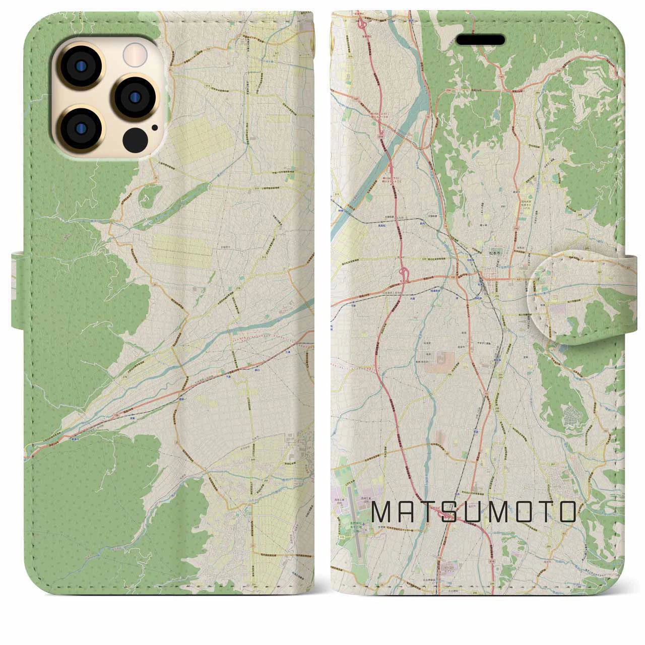 【松本】地図柄iPhoneケース（手帳両面タイプ・ナチュラル）iPhone 12 Pro Max 用