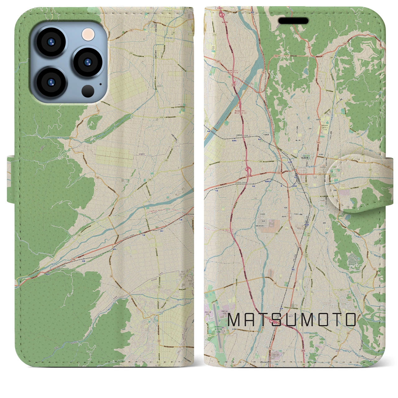 【松本】地図柄iPhoneケース（手帳両面タイプ・ナチュラル）iPhone 13 Pro Max 用
