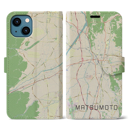 【松本（長野県）】地図柄iPhoneケース（手帳タイプ）ナチュラル・iPhone 13 用