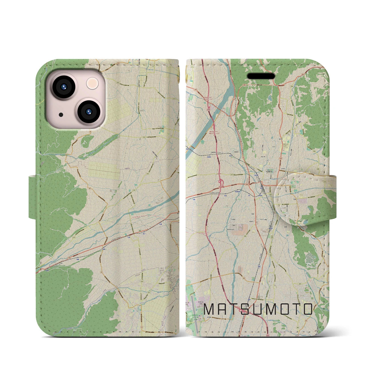 【松本】地図柄iPhoneケース（手帳両面タイプ・ナチュラル）iPhone 13 mini 用