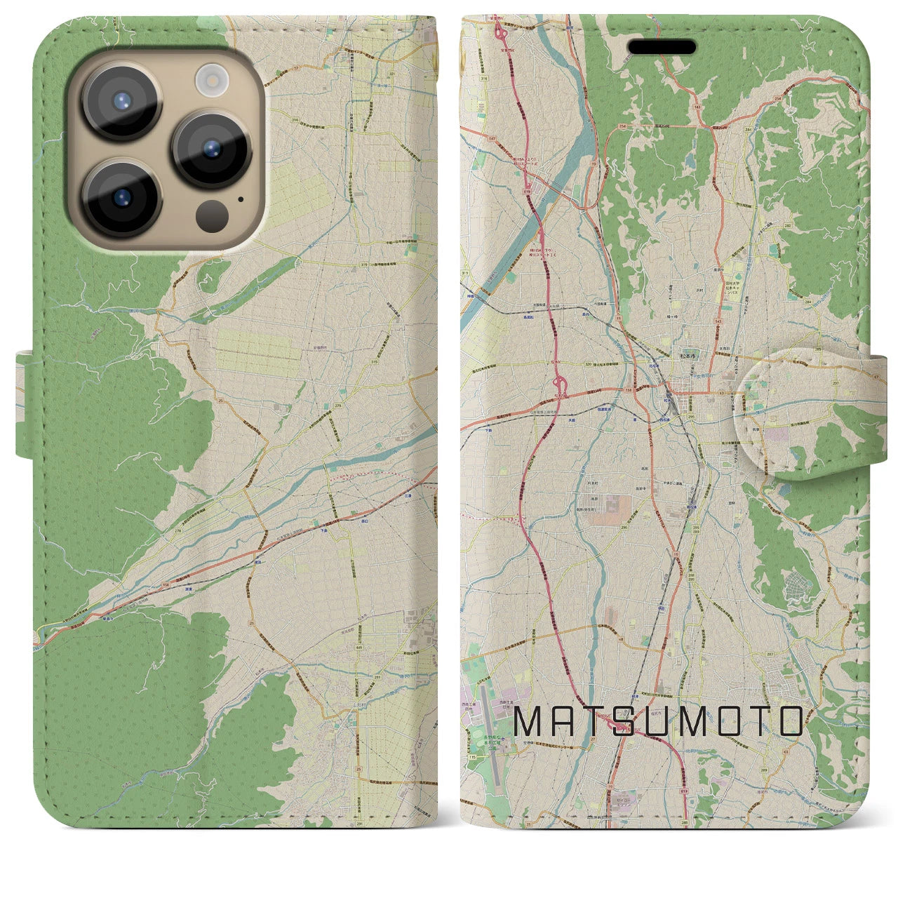 【松本】地図柄iPhoneケース（手帳両面タイプ・ナチュラル）iPhone 14 Pro Max 用