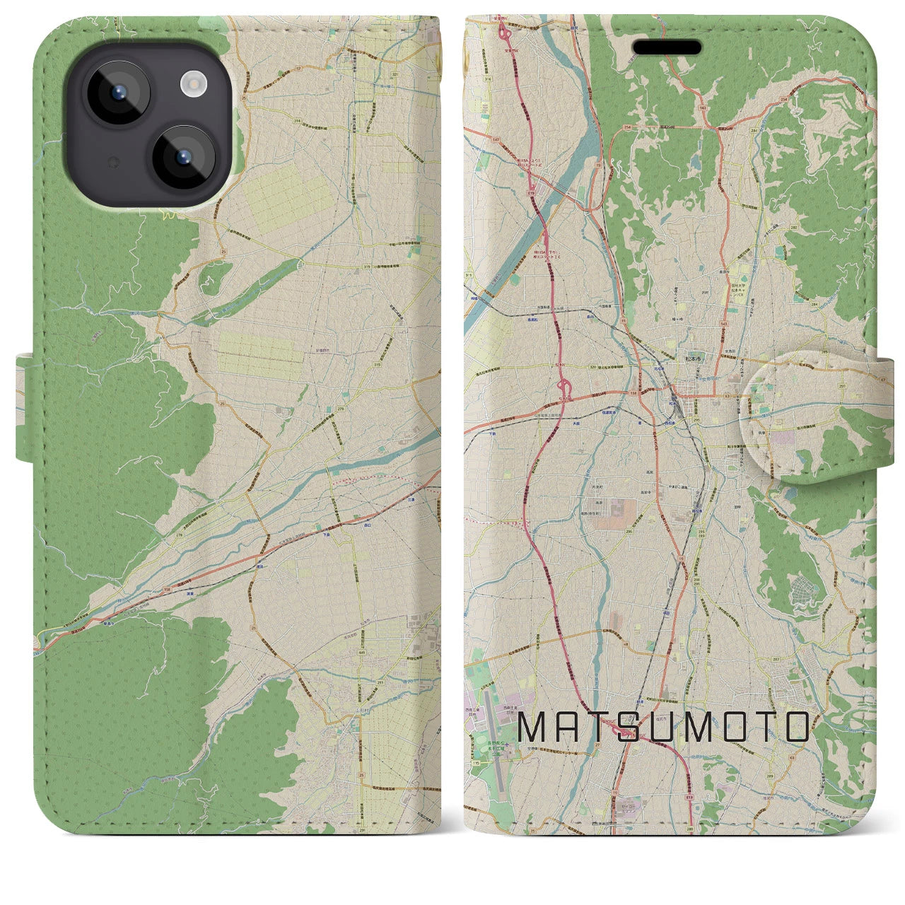 【松本】地図柄iPhoneケース（手帳両面タイプ・ナチュラル）iPhone 14 Plus 用