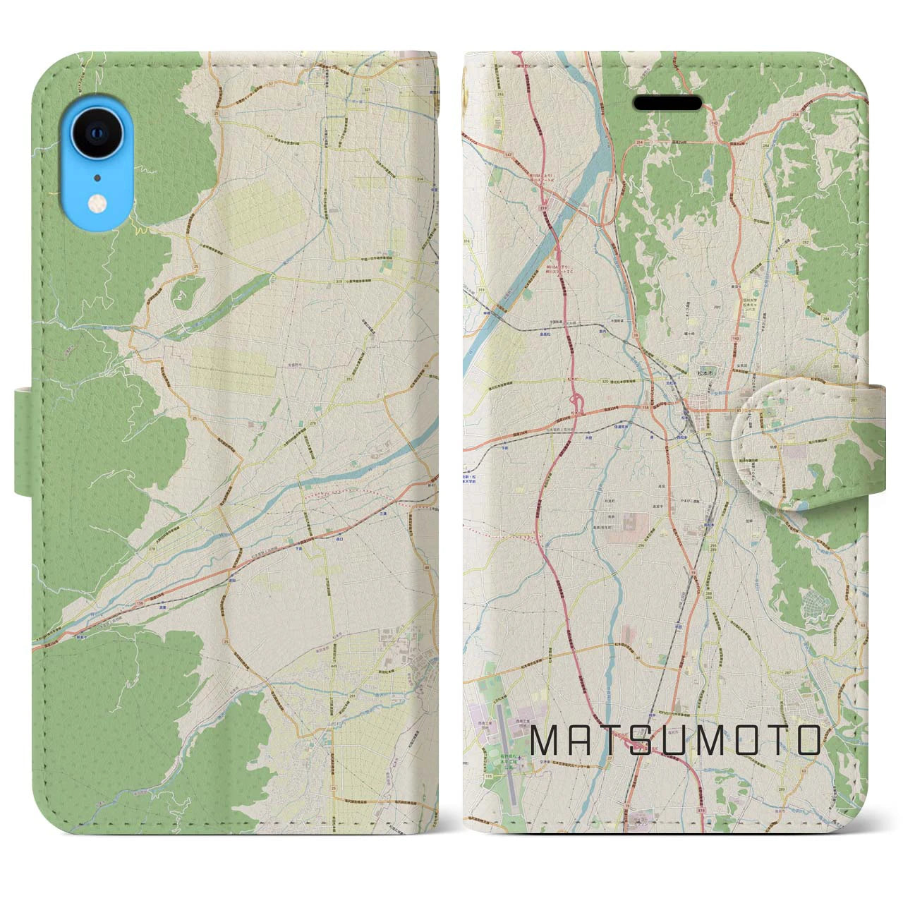 【松本】地図柄iPhoneケース（手帳両面タイプ・ナチュラル）iPhone XR 用