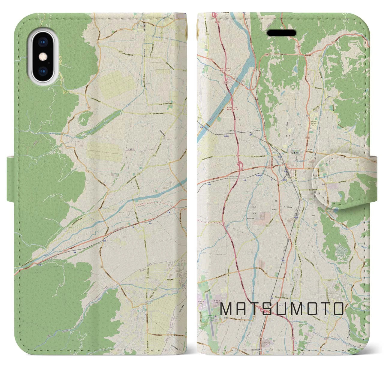 【松本】地図柄iPhoneケース（手帳両面タイプ・ナチュラル）iPhone XS Max 用