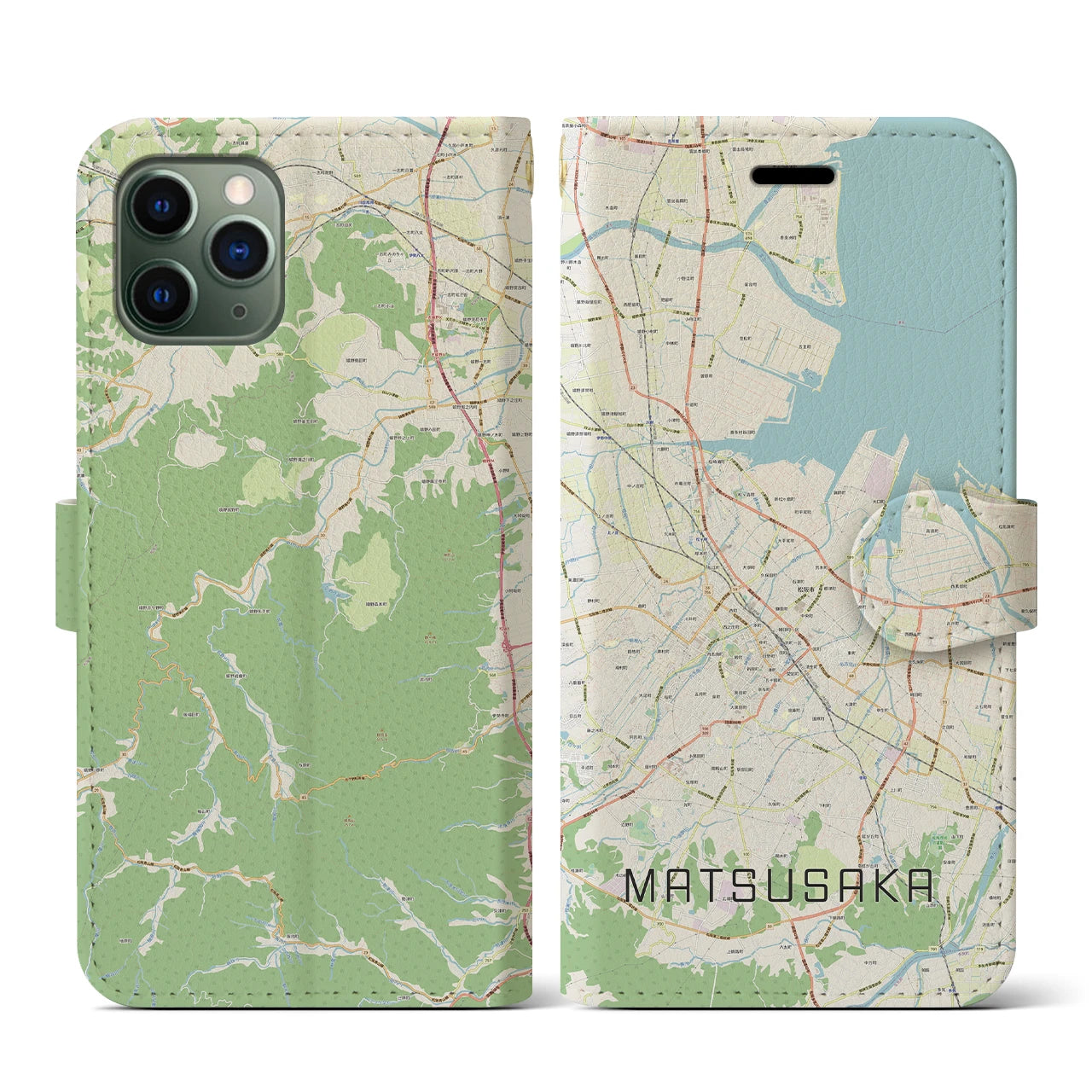 【松阪（三重県）】地図柄iPhoneケース（手帳タイプ）ナチュラル・iPhone 11 Pro 用