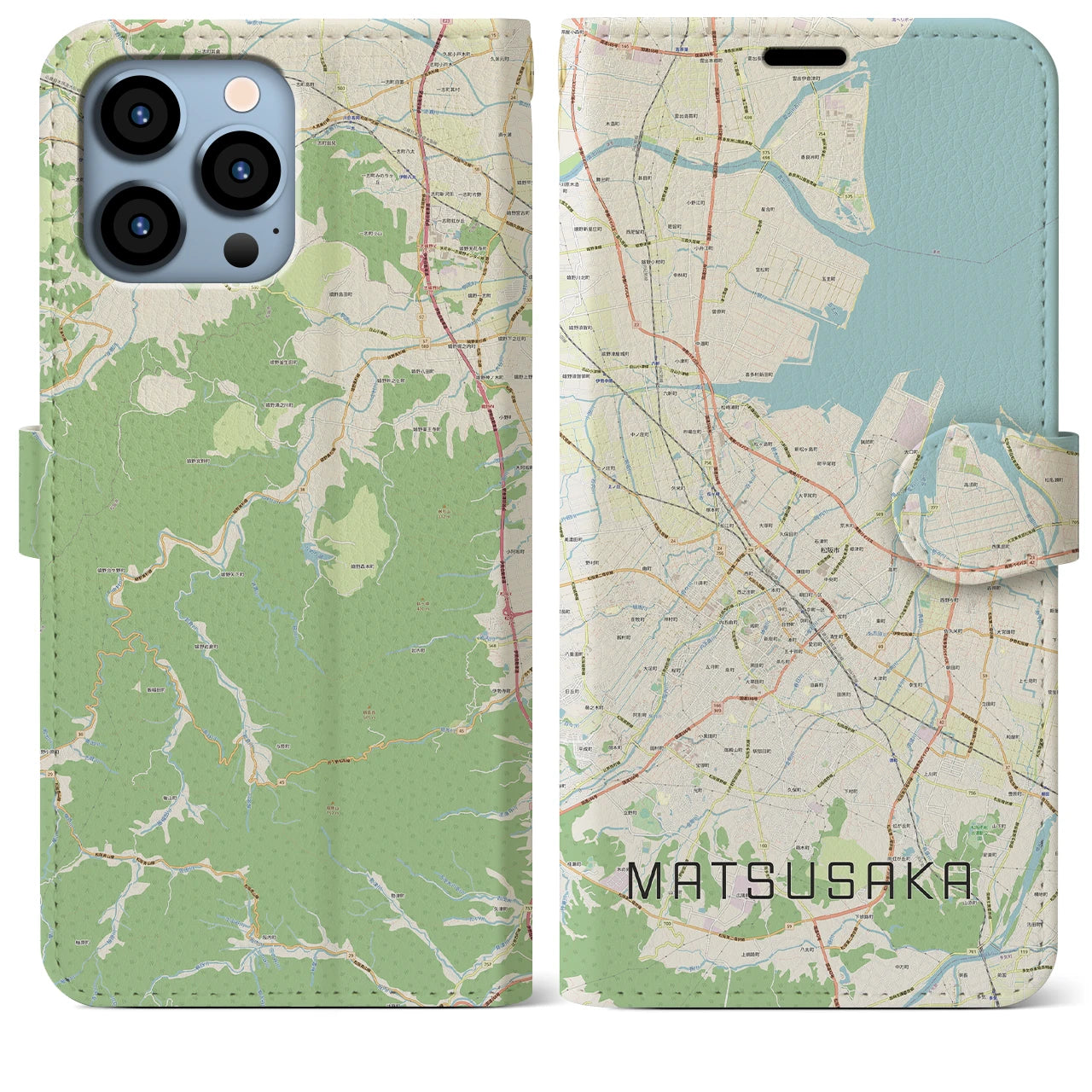 【松阪】地図柄iPhoneケース（手帳両面タイプ・ナチュラル）iPhone 13 Pro Max 用