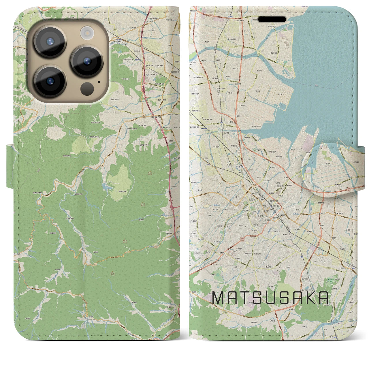 【松阪】地図柄iPhoneケース（手帳両面タイプ・ナチュラル）iPhone 14 Pro Max 用