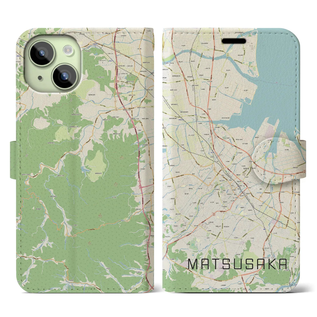 【松阪】地図柄iPhoneケース（手帳両面タイプ・ナチュラル）iPhone 15 用