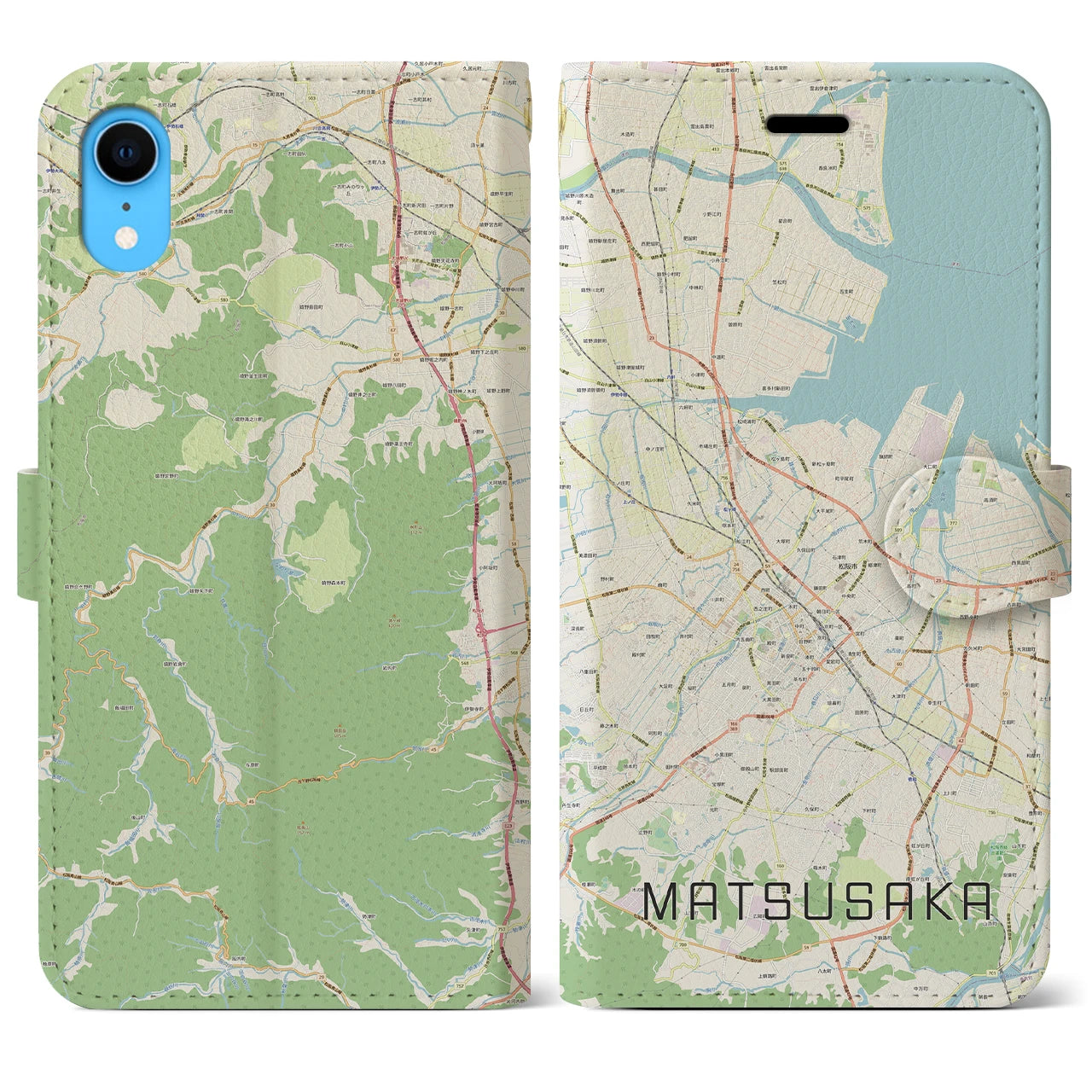【松阪】地図柄iPhoneケース（手帳両面タイプ・ナチュラル）iPhone XR 用