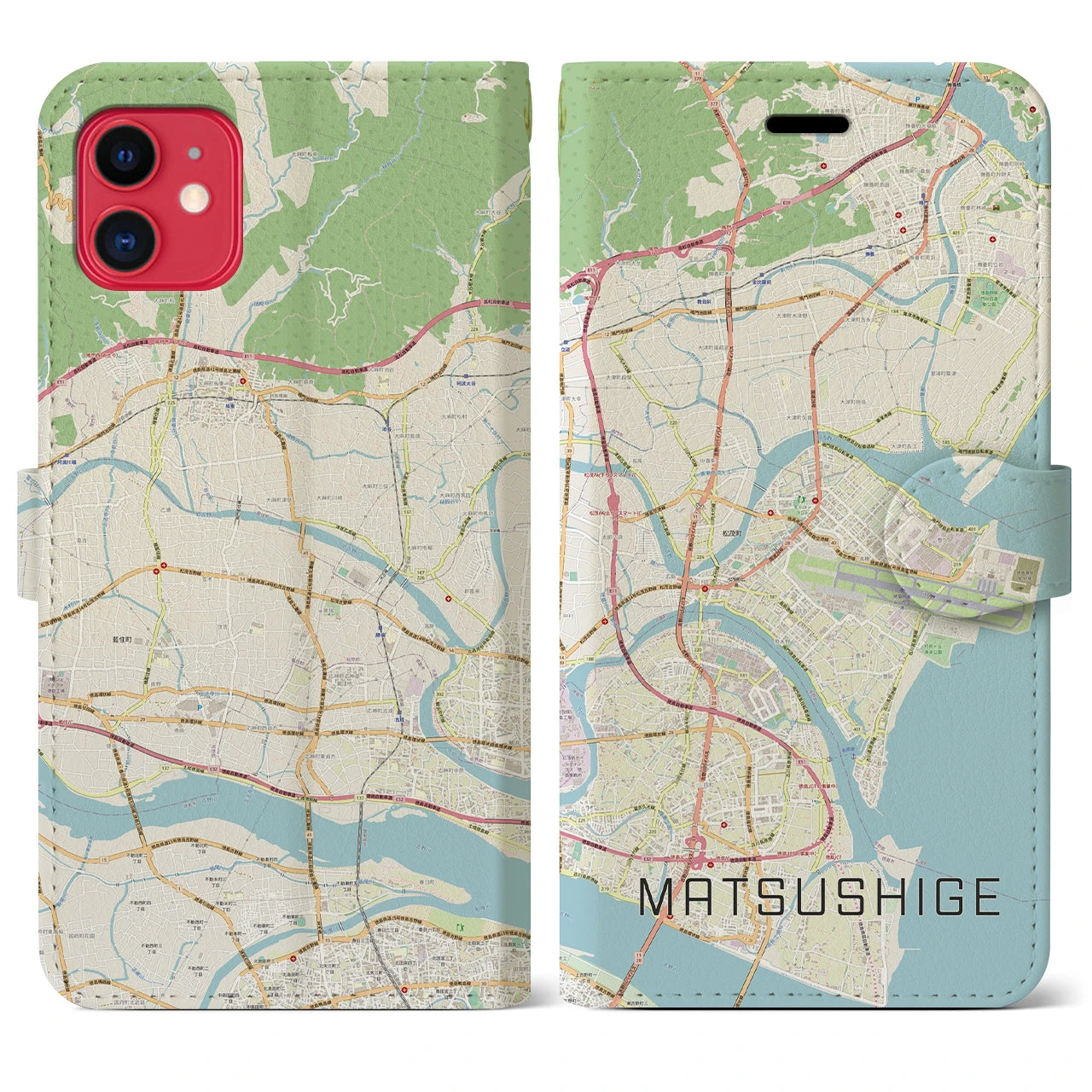 【松茂】地図柄iPhoneケース（手帳両面タイプ・ナチュラル）iPhone 11 用