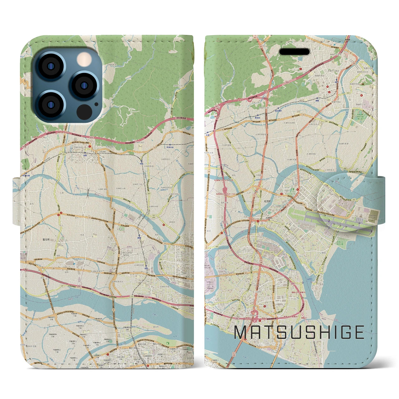 【松茂】地図柄iPhoneケース（手帳両面タイプ・ナチュラル）iPhone 12 / 12 Pro 用