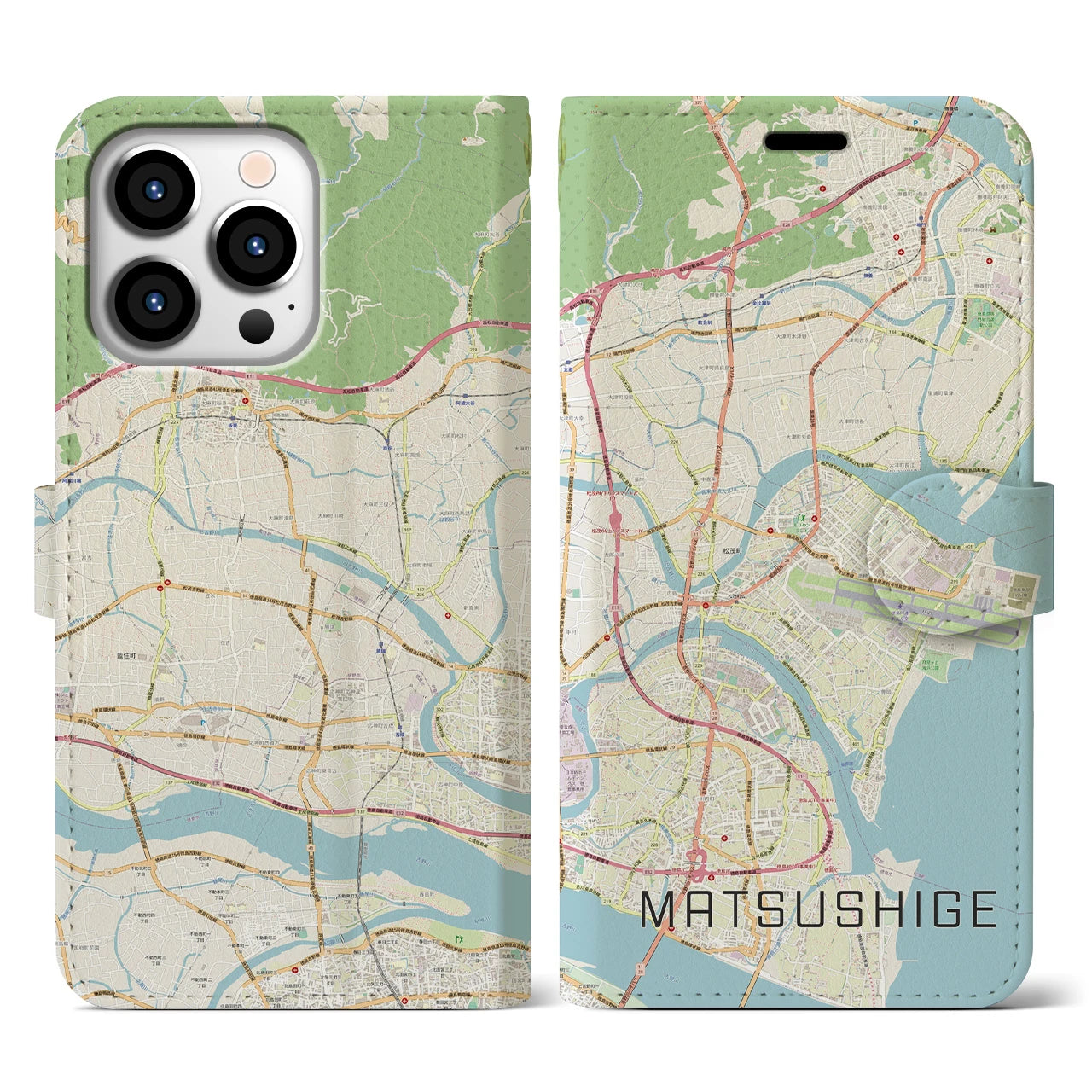 【松茂】地図柄iPhoneケース（手帳両面タイプ・ナチュラル）iPhone 13 Pro 用