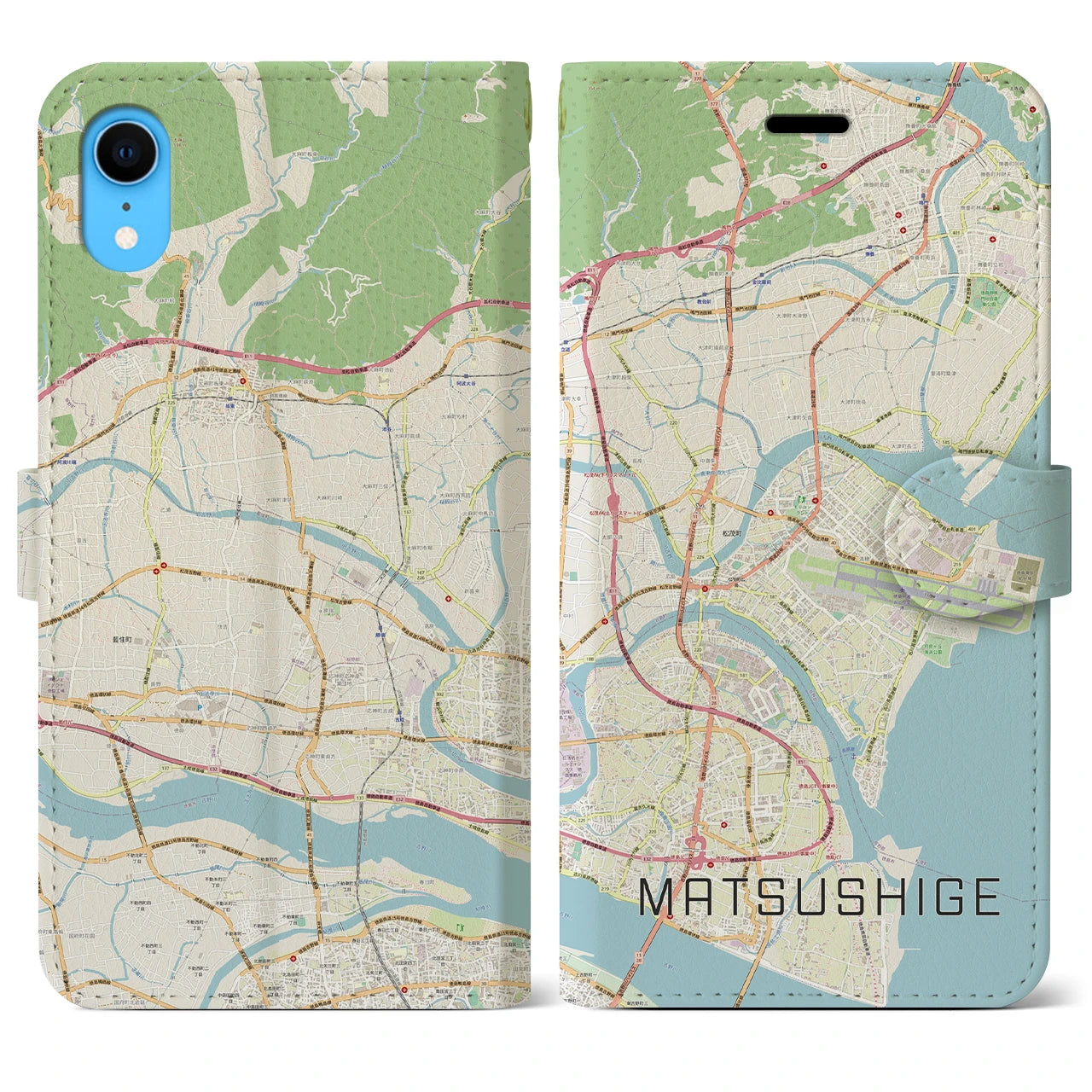 【松茂】地図柄iPhoneケース（手帳両面タイプ・ナチュラル）iPhone XR 用