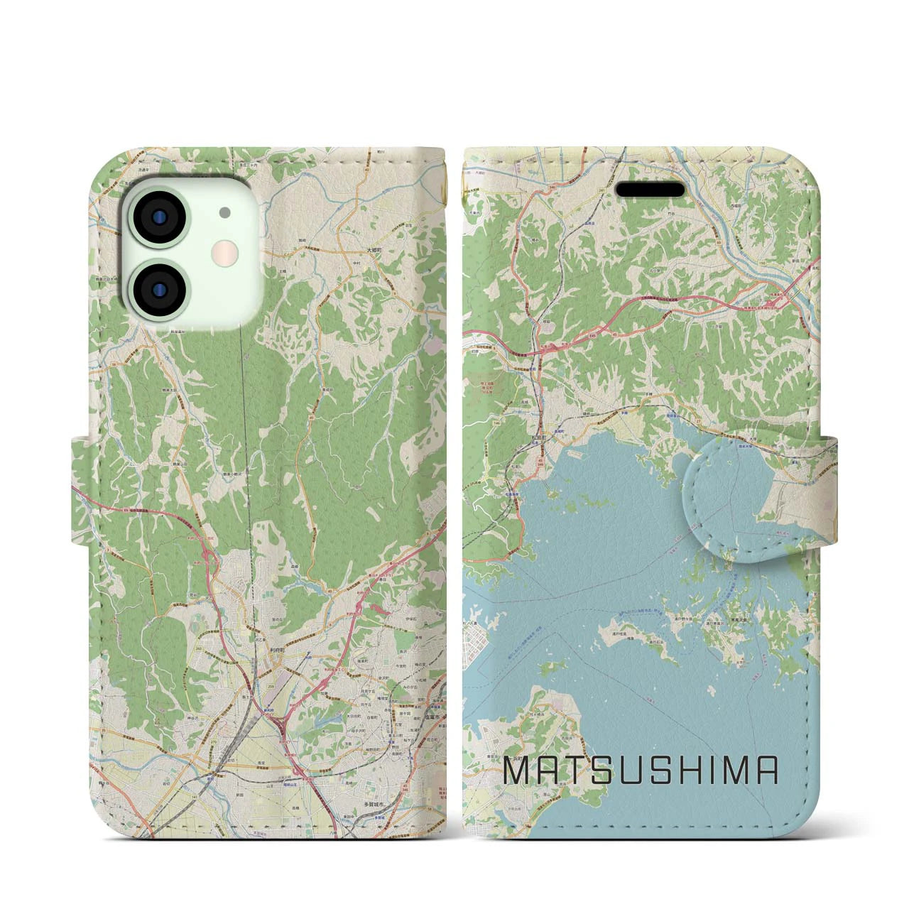 【松島】地図柄iPhoneケース（手帳両面タイプ・ナチュラル）iPhone 12 mini 用