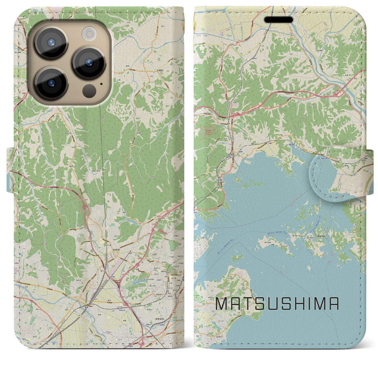 【松島】地図柄iPhoneケース（手帳両面タイプ・ナチュラル）iPhone 14 Pro Max 用